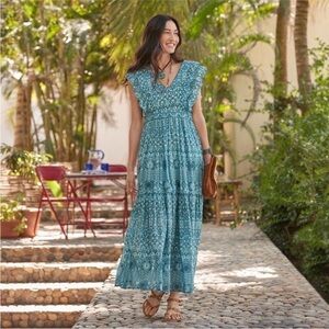 Sundance Mystical Mosaics Floral Elastic Waist Maxi Dress in Teal Size Large